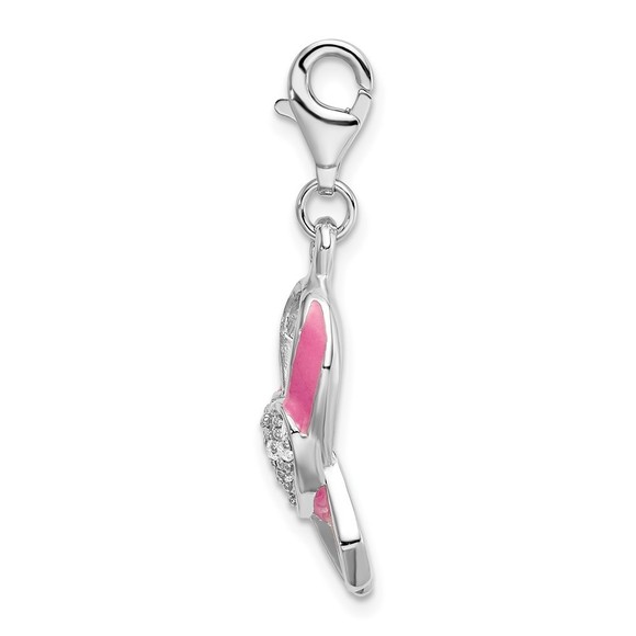 925 Silver 3-D Enameled CZ Pink Cancer Awareness Ribbon Heart Bracelet Charm - Picture 2 of 3